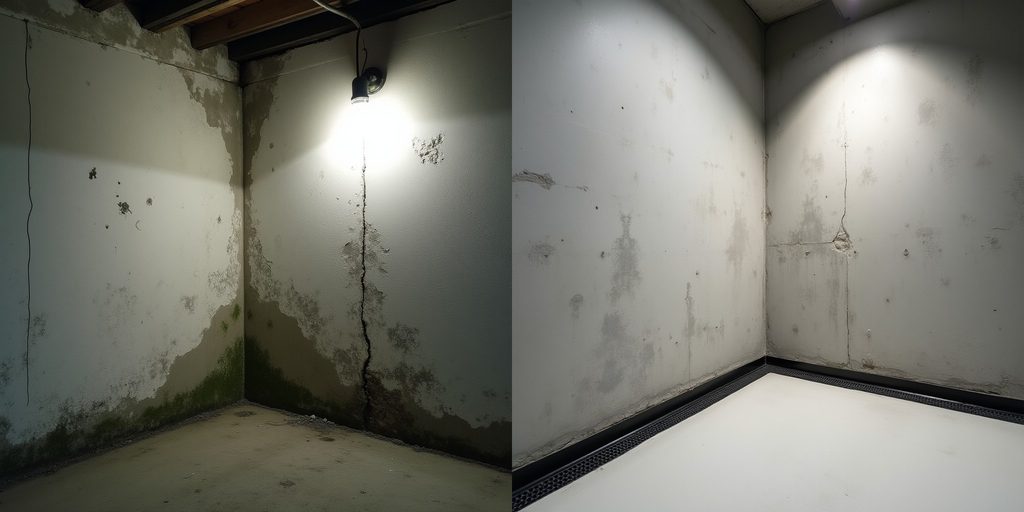 Fuktig källarvägg före och efter dränering i Kungälv — saltutfällningar och spräckor försvinner med ny fuktspärr