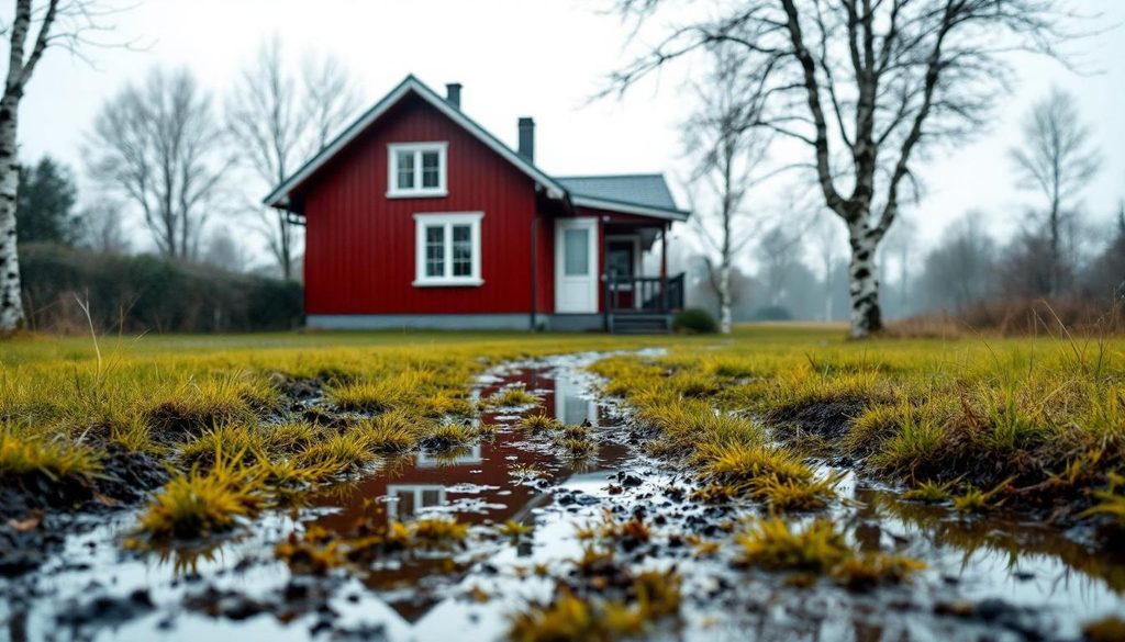 Blöt gräsmatta med stillastående vatten vid villa i Kungälv — typiskt tecken på behov av dränering